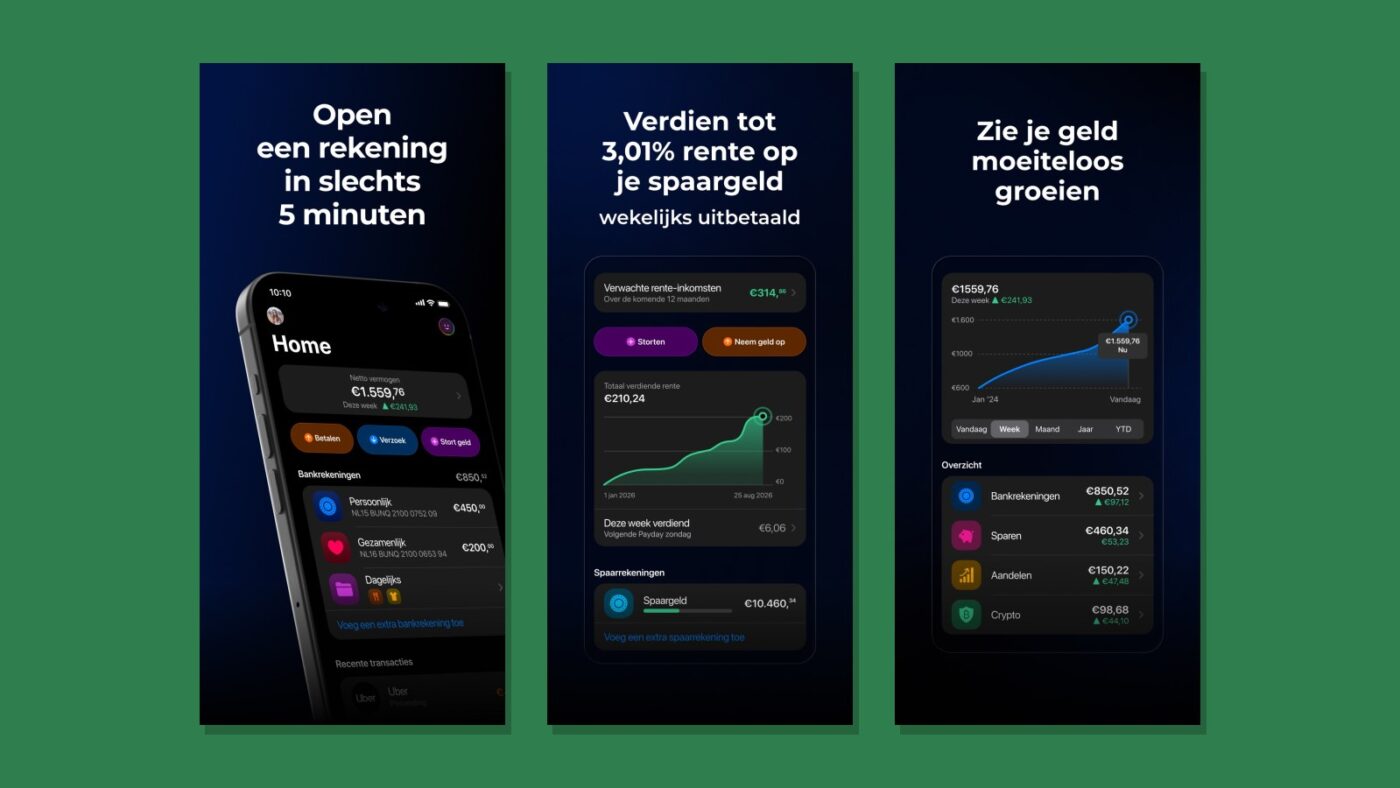 Screenshots van de bunq-app