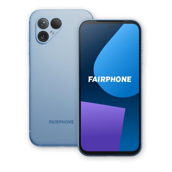 Fairphone 5 in Sky Blue, voor- en achterkant