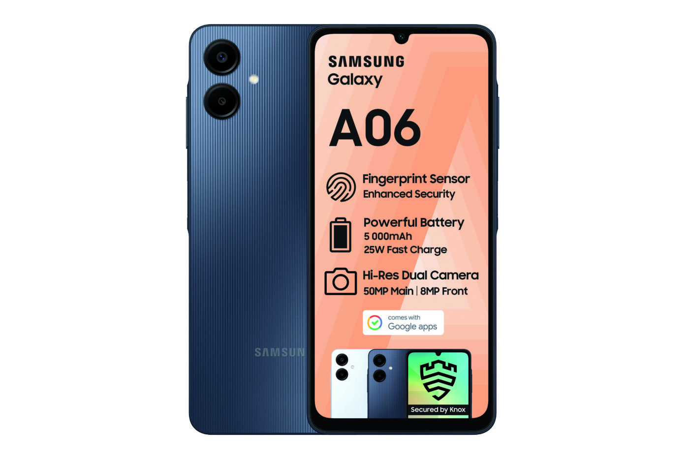 Samsung Galaxy A06 in de kleur Blue Black, voor- en achterkant