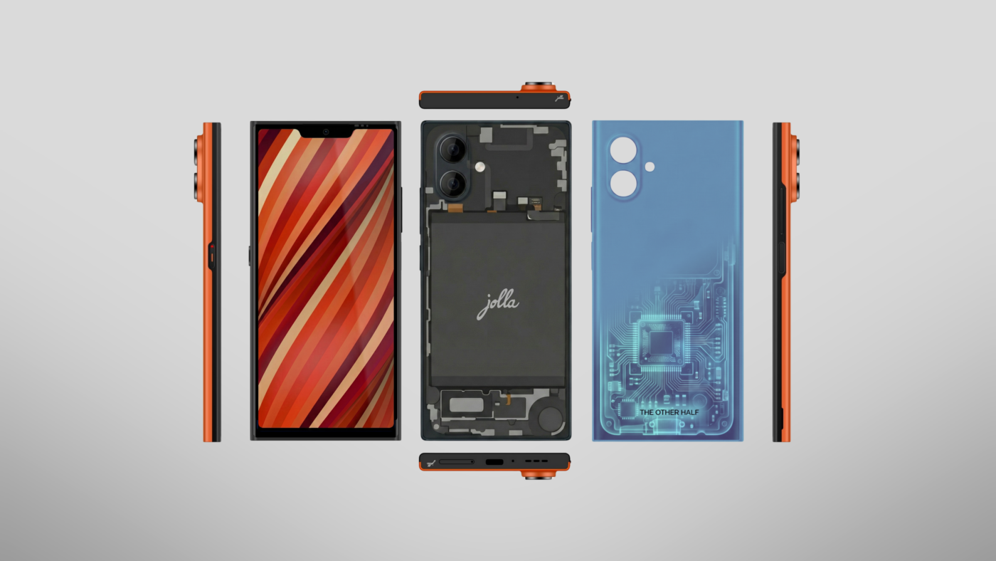 De Jolla Phone van alle kanten, met een doorzichtige achterkant van The Other Half