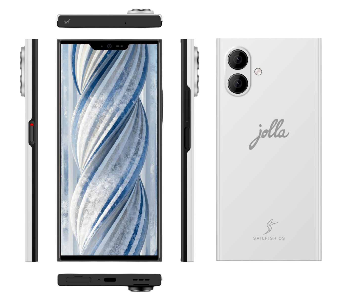 De Jolla Phone in Snow White, van voren, van achteren en van opzij
