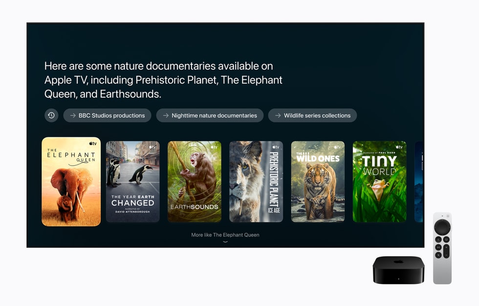 Siri AI toont op de Apple TV 4K een lijst natuurdocumentaires met posters