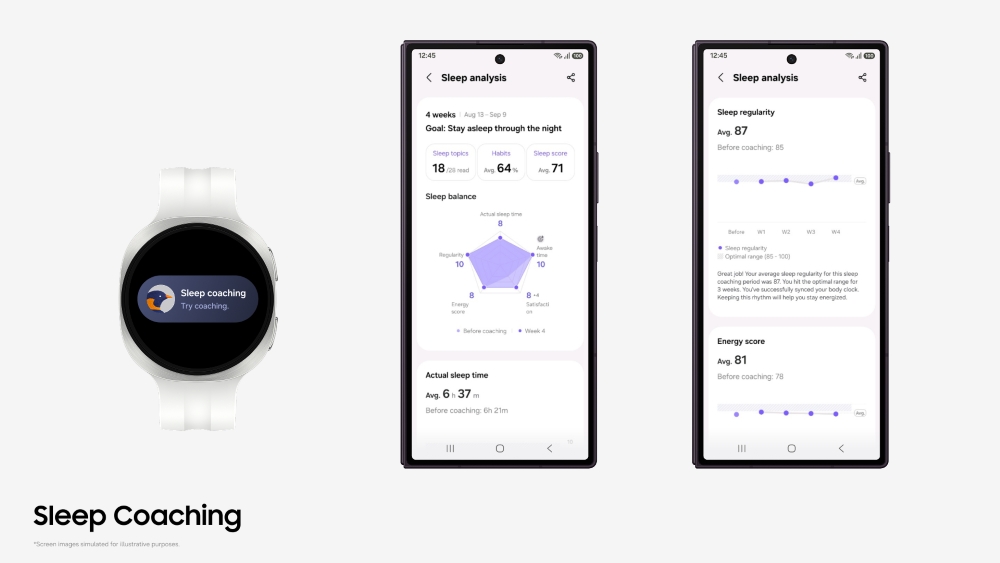 Sleep Coaching in Samsung Health op een Galaxy Watch en twee smartphoneschermen met slaapanalyse